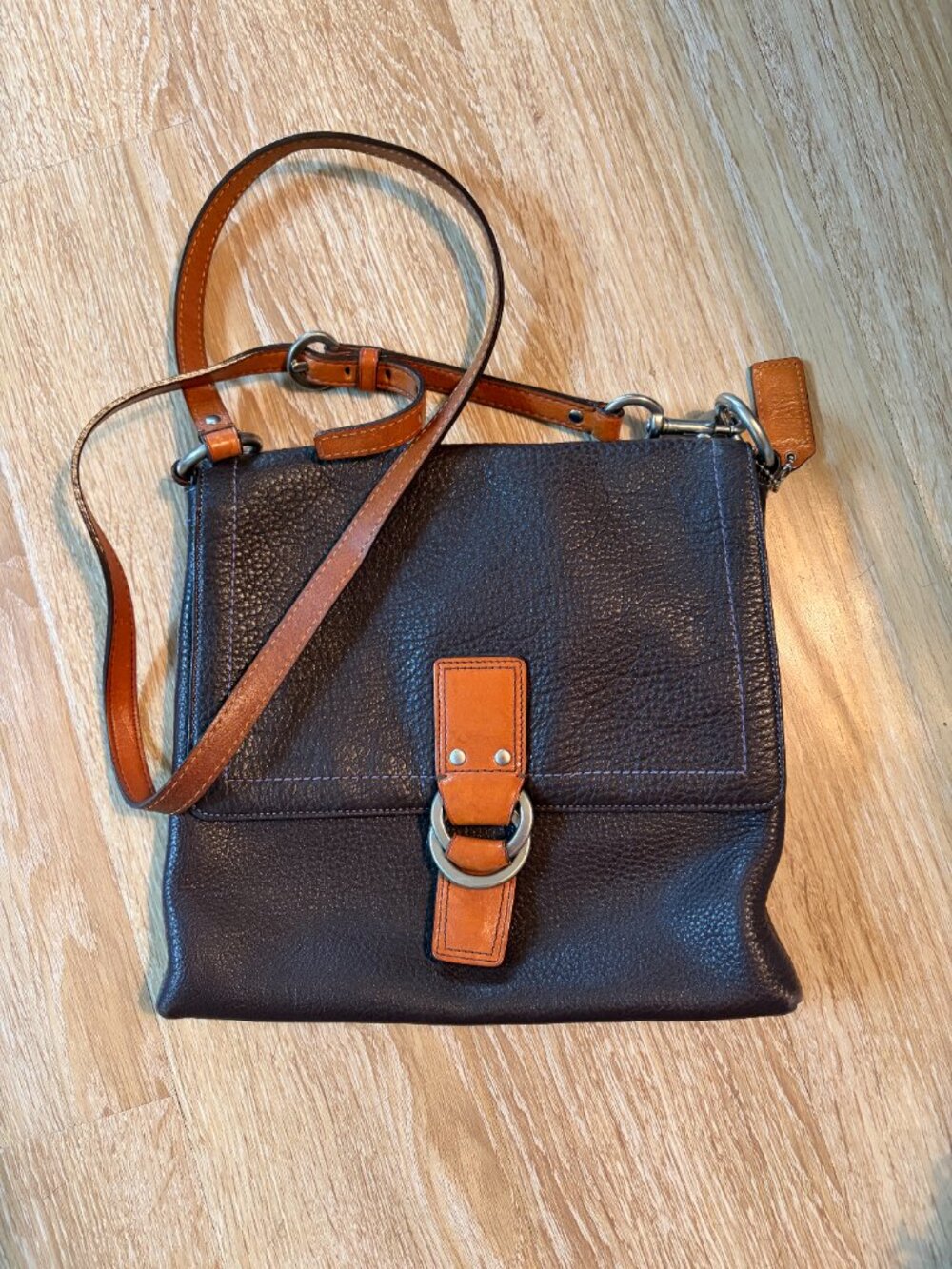 Coach Chelsea 10136 Pebbled Leather Flap Shoulder Bag Purple Lining Brown